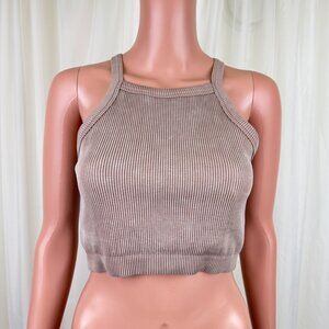 Mono B Ribbed Racerback Crop Top Beige Large Stretch AT3031 Athleisure
